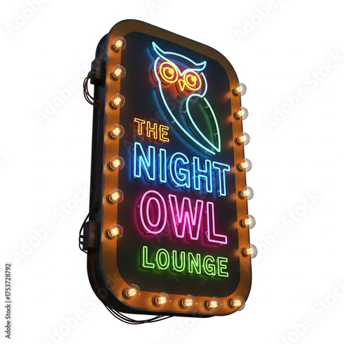 Retro 'Night Owl Lounge' neon sign, vibrant with colorful text and an owl graphic. Illuminated theater frame features classic warm exposed bulbs, perfect for vintage nightlife designs, isolated