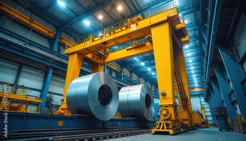 Big yellow gantry crane in modern metal production plant. Huge steel coils wait on concrete floor of vast industrial space. Brightly lit building high ceilings. Heavy machinery manages manufacturing,