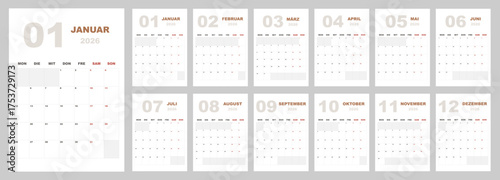 German 2026 year calendar template set layout vertical pages start on Monday. Clean design annual planer deutsch Kalender