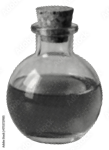 laboratory flask isolated retro grunge halftone dotted texture cut-out collage element for mixed media design narrow neck round bottom sealed stopper with cork filled dark liquid witch potion