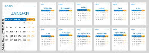 Minimalist Germany 2026 calendar template of 12 month vertical pages in bold blue design. Layout deutsch planner for the year