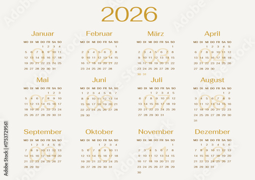 Germany 2026 year calendar horizontal page template with 12 month minimalist golden desian. Layout deutsch Deutsch Kalender Wall or Desk Jahresplaner