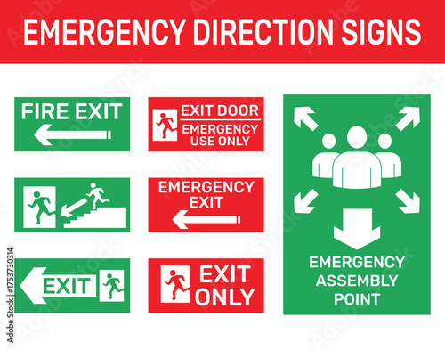 Emergency Exit Direction Signs Vector Set. Fire Safety, Evacuation Route, and Assembly Point Pictograms in Red and Green Essential for facility managers, safety documentation, and architectural plans.