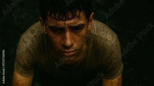 Exhausted Man Covered in Dirt and Sweat (seamless loop)