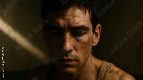 Sad Man in Shadowy Light Reflecting Alone (seamless loop)