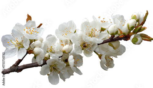 Close-up of a blossoming branch with many small, white flowers