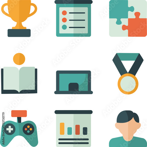 Flat design icons for education and achievement trophy