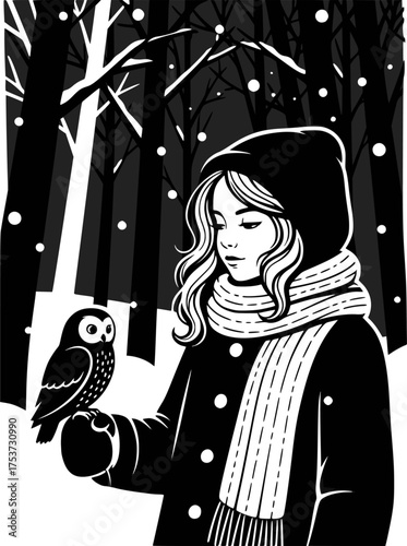 Winter scene: girl and owl, black vector silhouette. EPS version.
