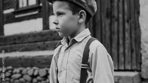 Sad boy standing alone in historical setting (seamless loop)