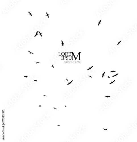 Flight of storks silhouette. A flock of birds flying south. Hand drawn. Not AI, vector illustration