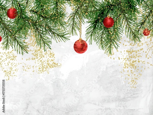 Festive evergreen branches adorned with shimmering red ornaments and sparkling gold glitter create a magical Christmas border, perfect for holiday greetings and winter celebrations.