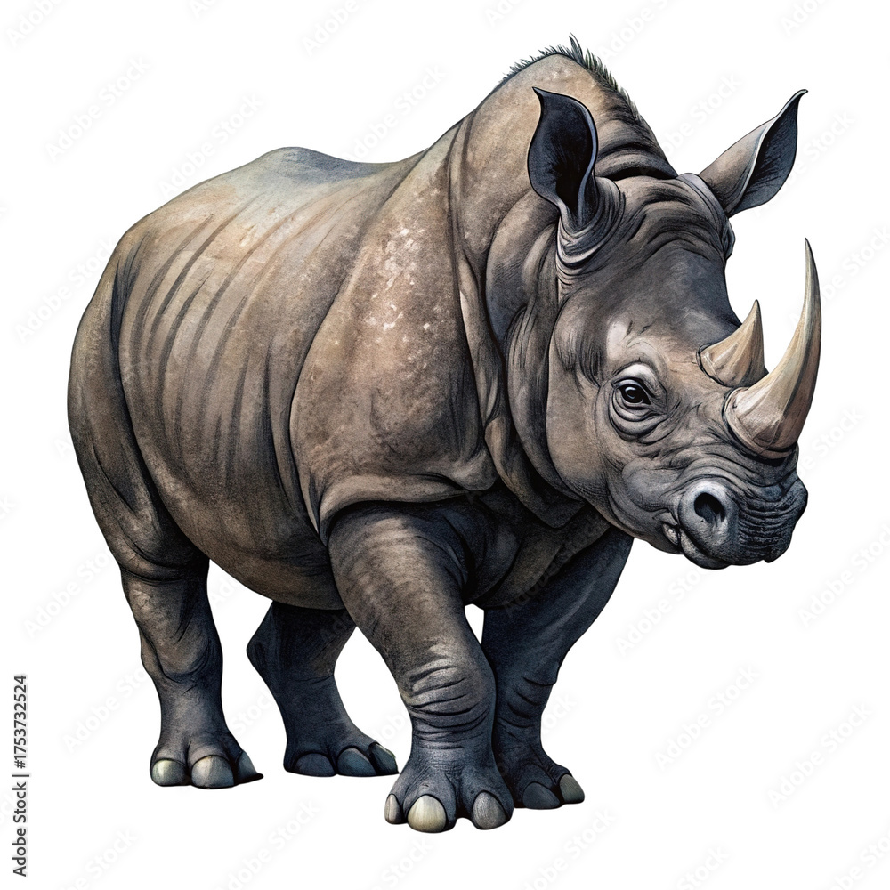 Obraz premium Illustration of majestic rhinoceros standing tall, its powerful form captured in a detailed illustration, showcasing its strength and unique features isolated on transparent background