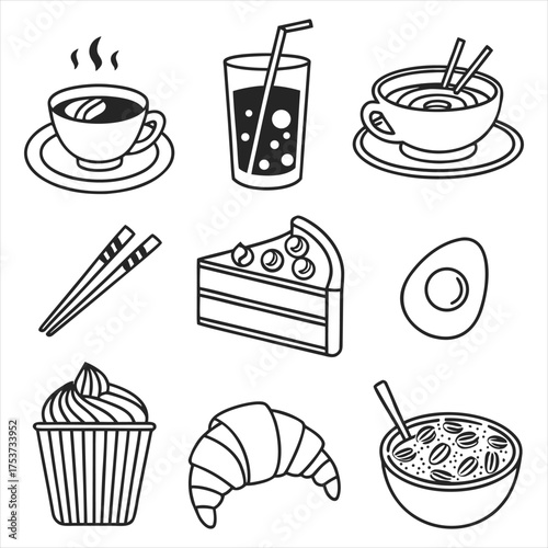 Elegant Food and Drink Outline Icons Set