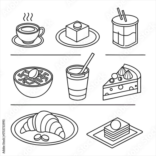 Elegant Food and Drink Outline Icons Set
