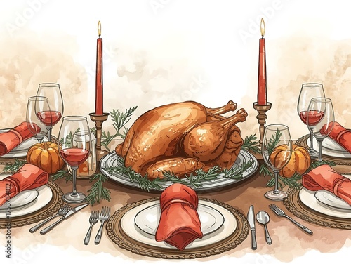 Warm and inviting Thanksgiving dinner table setting with a golden roasted turkey centerpiece, festive red candles, and wine glasses ready for a joyous family feast celebration.