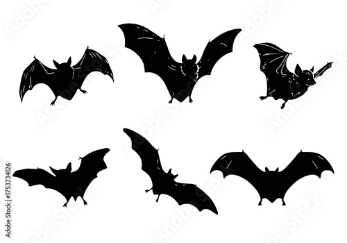 Set of six black bat silhouettes on clean white background, symbolizing Halloween, mystery, and night creatures, perfect for holiday design, posters or themed invitations