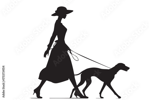 poised woman in dress and hat walks her dog gracefully along path. black silhouette on white background captures calm, highlighting leisurely moments in fashionable strolling