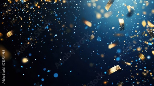 This image captures a vibrant explosion of golden and blue confetti particles against a dark background, creating a festive atmosphere.