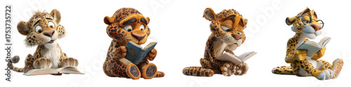 Adorable leopard cub characters learn and grow, reading books and exploring the world in a charming cartoon animal illustration, perfect for children's books