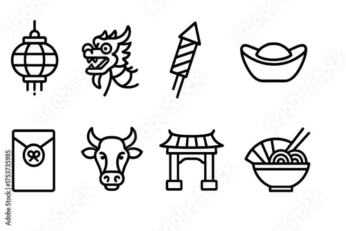 Chinese new year outline icon set. lunar, festival, celebration symbols line collection
