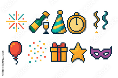 Party celebration icon set: festive, pixel art, flat icons for celebrations