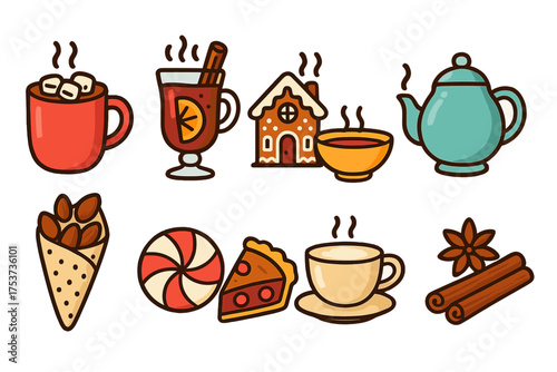 Cozy winter drinks and sweets filled icon set: hot cocoa and gingerbread delight icons