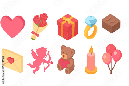 Love and romance icon set. valentines, gift 3d icon collection for romantic themes.