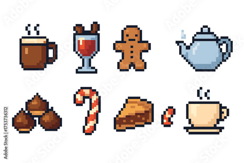 Cozy pixel art icon set featuring holiday beverages and treats in a flat style