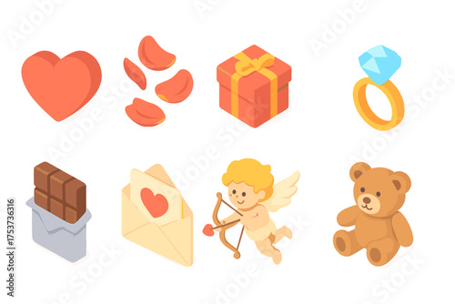 Valentine's day 3d icon set. hearts, gifts, love symbols collection