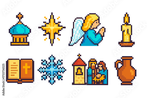 Religion, christianity pixel icon set. prayer, faith, worship icons pixel collection