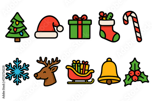 Christmas flat icon set. holiday, festive decorations and winter symbols collection