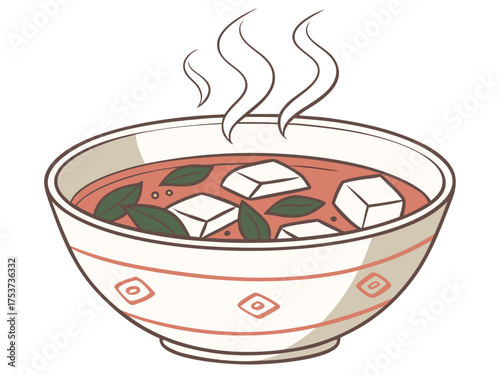 Bowl of miso soup with tofu and green herbs steaming in a decorative dish. Delicious miso soup features soft tofu cubes and fresh herbs that enhance flavor. Concept of comfort food and healthy eating.
