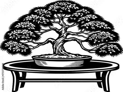 Elegant bonsai tree on wooden table showcasing intricate details and natural beauty. Bonsai tree represents peace and tranquility, ideal for home decor and zen spaces.