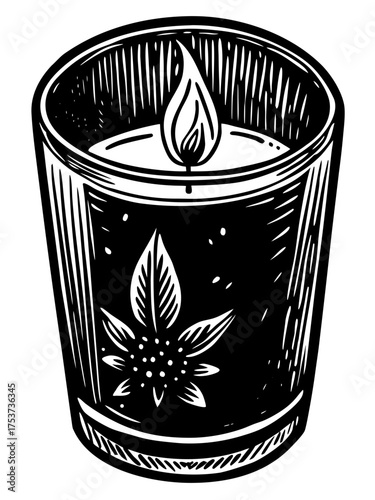 Aromatherapy candle close-up with flame and floral design on glass container. Candle provides soothing ambiance for relaxation and tranquility at home. Perfect for aromatherapy and wellness practices.