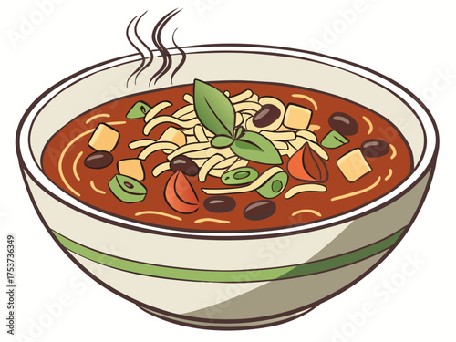 Delicious minestrone soup with noodles, vegetables, and fresh herbs steaming in a bowl, showcasing vibrant colors and inviting aroma. 