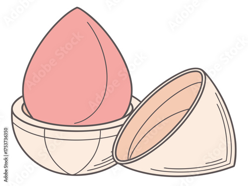 Makeup sponge in packaging with soft pink beauty blender inside elegant case. Beauty blender sits in container for ideal makeup application, enhancing your cosmetic routine.