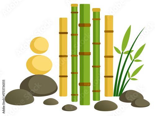 Bamboo sticks and stones with balanced rocks and green plants creating a tranquil scene. Bamboo sticks add natural beauty to the arrangement with rounded stones.
