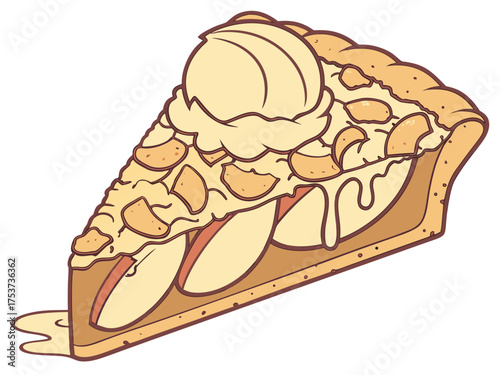 Delicious apple pie slice with creamy ice cream and caramel drizzle on top. Apple pie slice features warm apples, flaky crust, and nutty topping, showcasing classic dessert appeal.