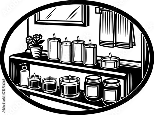 Bathroom shelf with assorted candles and potted plant for relaxation. Shelf displays beautifully arranged candles, including decorative and scented options, creating a calming bathroom atmosphere
