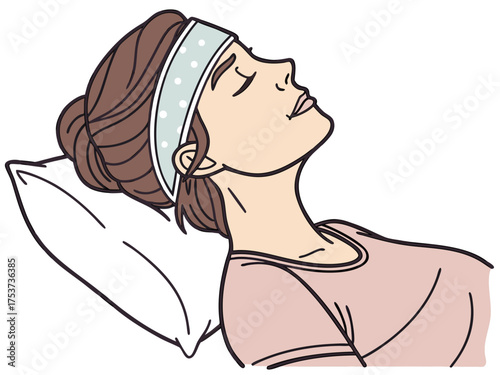 Woman relaxing with cold compress on forehead while lying on pillow. Woman takes time to relieve stress with soothing cold compress while resting comfortably.