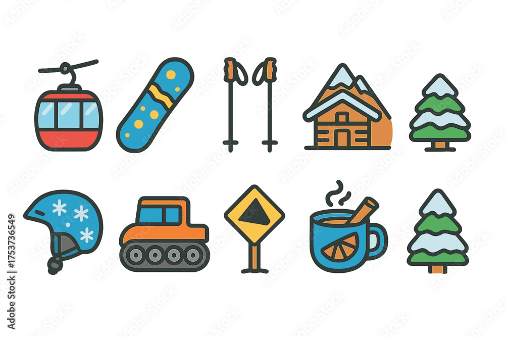 Fototapeta premium Winter sports and holiday flat icon set. skiing, snowboarding, snowy mountain icons.