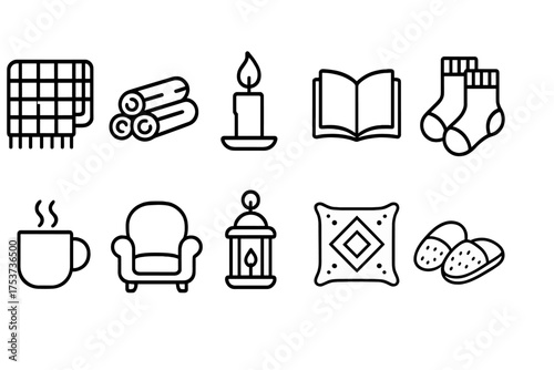 Cozy home essentials outline icon set. comfort, relaxation, and leisure icons collection