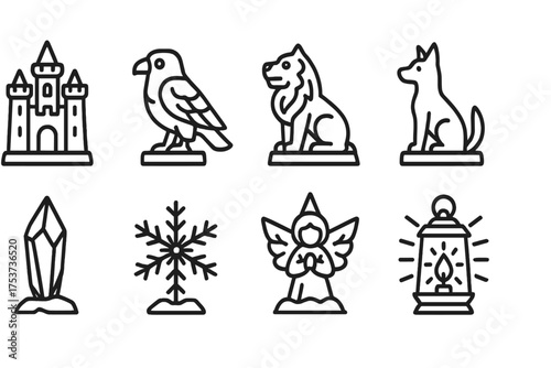 Medieval fantasy outline icon set. enchanted creatures and structures collection