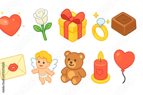Celebration and romance icon set. love, gift, and heart vibrant icons in flat style.