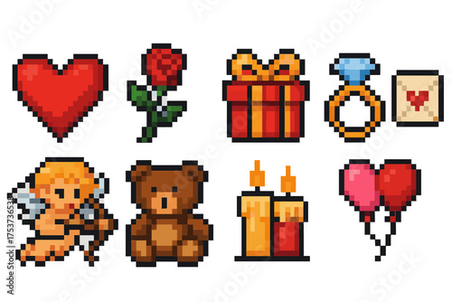 Valentine, romance pixel icon set. love, gift linear collection for festive designs