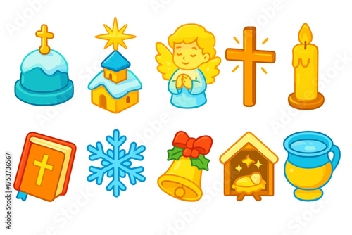 Christian holiday icon set. festive, religious symbols, 3d, bright collection