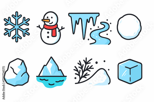 Winter, ice flat icon set. snowflakes, snowmen, cold weather flat collection