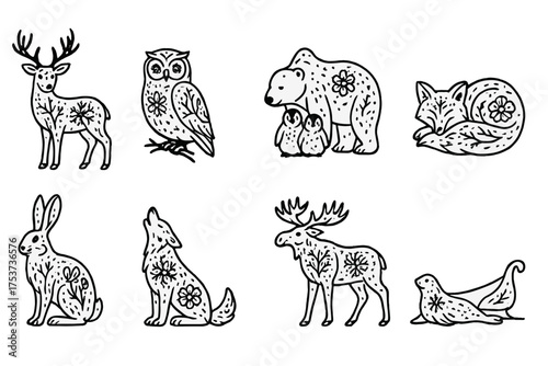 Wildlife silhouette icon set. forest animals black and white icon collection