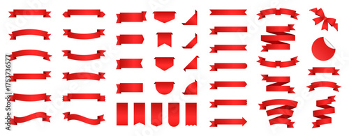 Red ribbon banners set. Sale, offer, discount, price sticker decorative labels and tags collection, Vector illustration