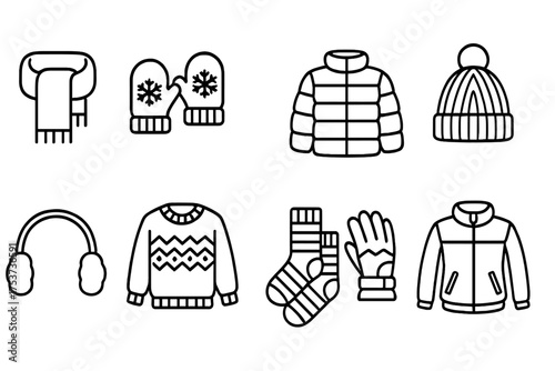 Winter clothing line icon set. warm apparel, cold weather accessories outlined collection.